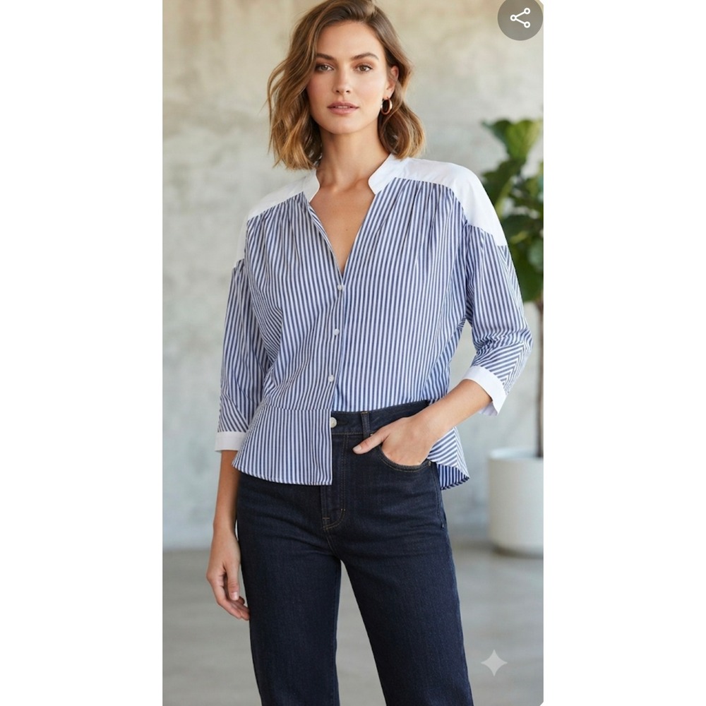 Harshman Los Angeles Blue White Striped Mixed Media Button Down Shirt Top EUC